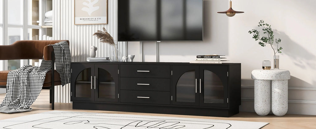 Euroco Modern TV Stand with Arched Glass Doors, Drawers & Adjustable Shelves for TVs up to 75 Inches