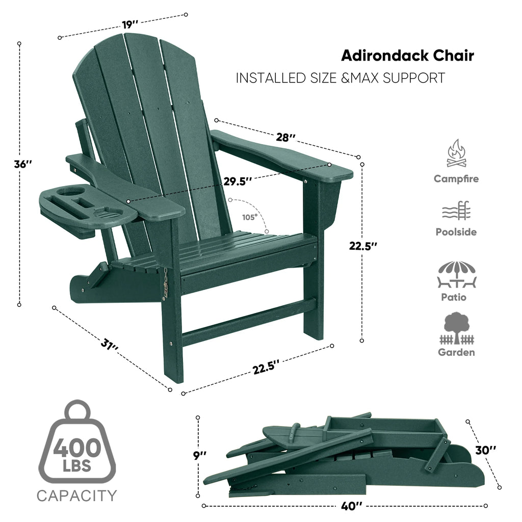 FOOWIN HDPE Plastic Adirondack Chairs Set of 4, Black