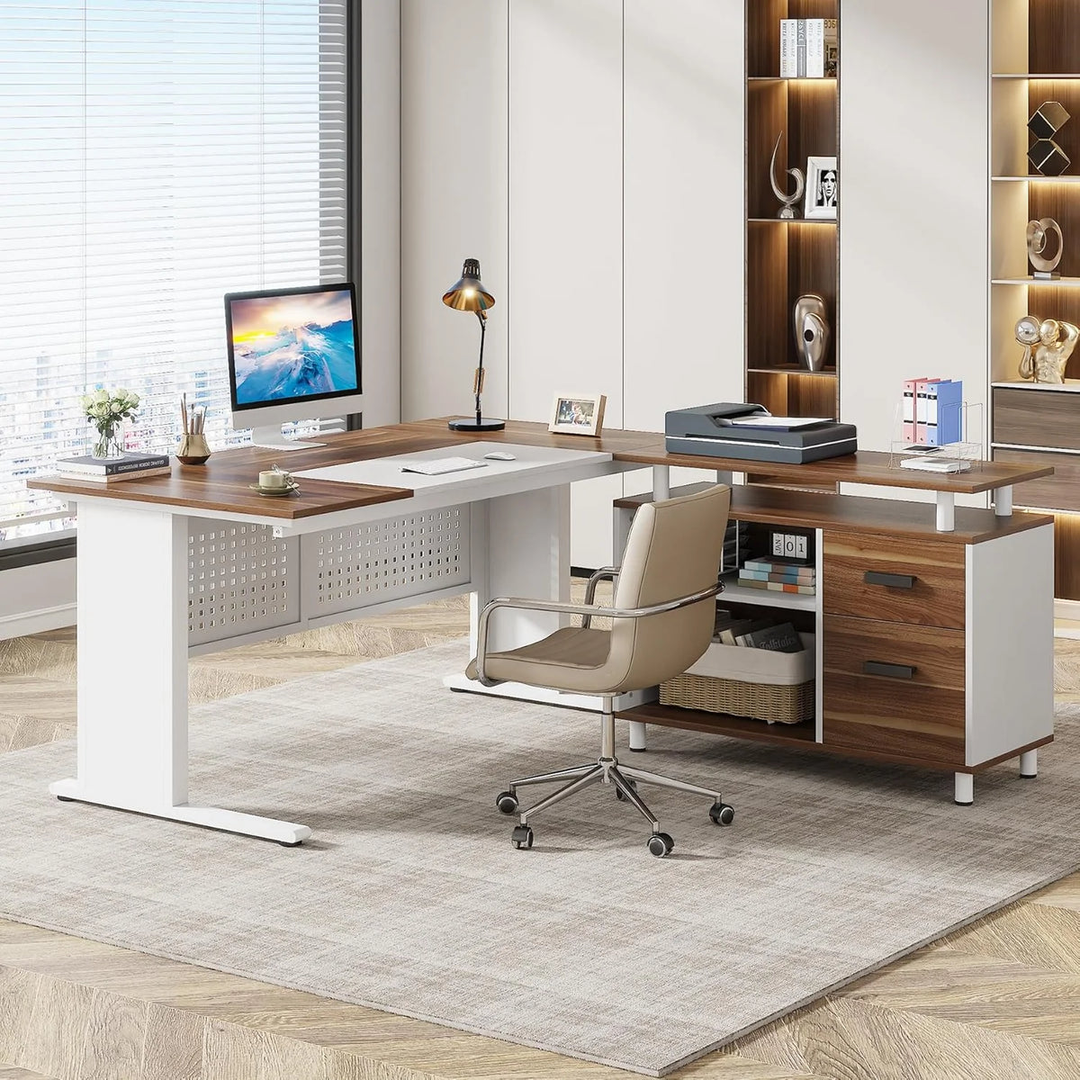 Tribesigns 63 Inch Executive Desk with File Cabinet, Large Office Desk L Shaped Computer Desk with Drawers and Storage Shelves, Business Furniture Desk Workstation for Home Office, Brown and Black