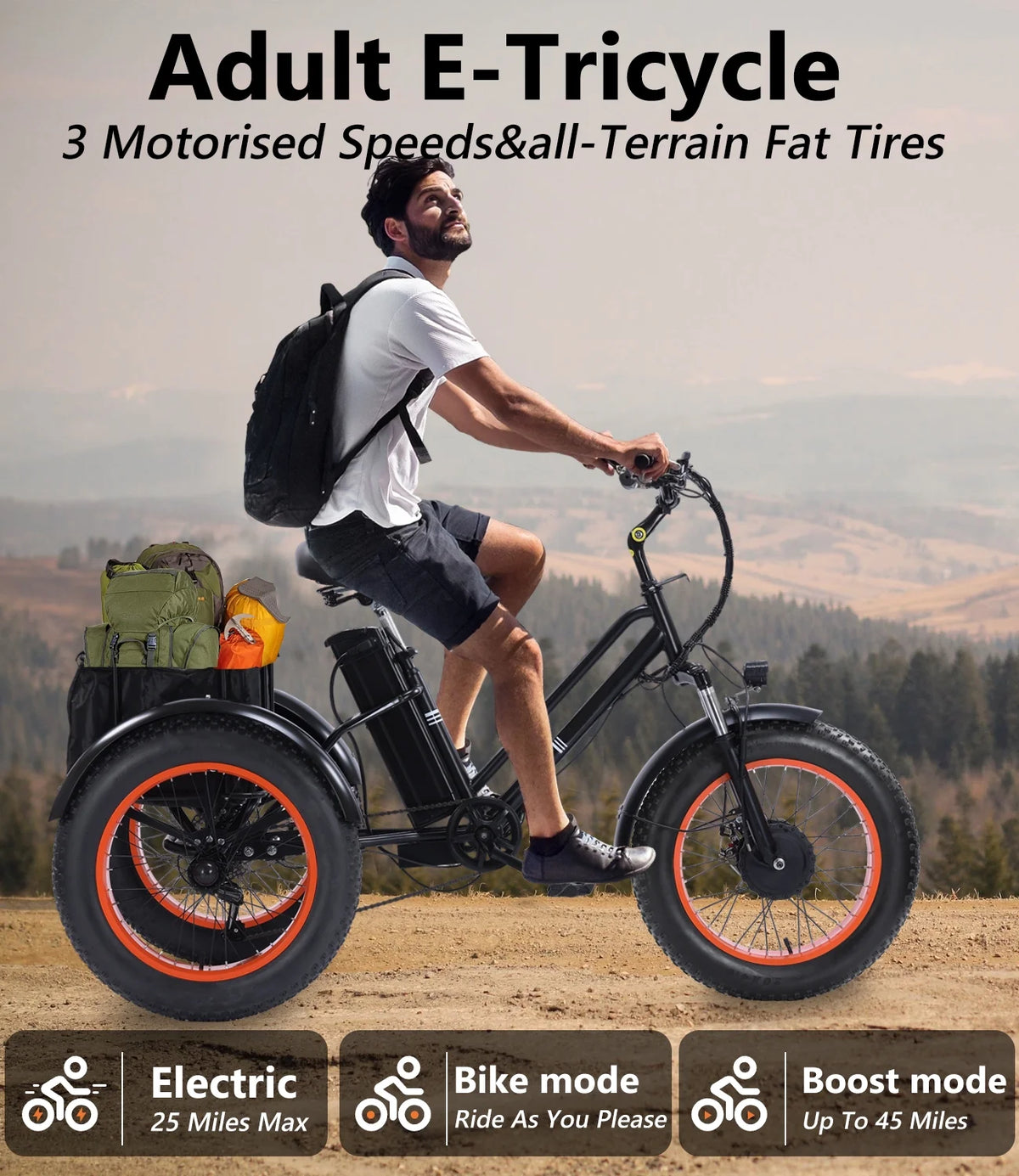 YEBEI Electric Tricycle for Adults Folding E-Trike Motorized Tricycle Electric 3 Wheels Trike Powerful 500W Motor Electric Tricycle 48V15AH Lithium Battery Max 20MPH 20*4.0” Fat Tire Orange