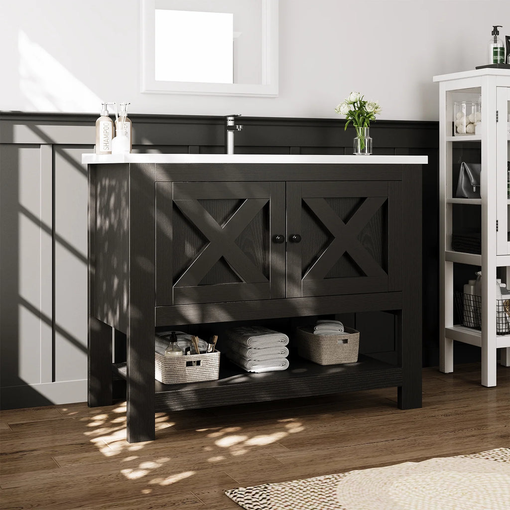 DreamCurship Bathroom Vanity with Sink Combo, 35'' Bathroom Storage Cabinet with Storage, Farmhouse Bathroom Vanity Cabinet with 2 Doors and Open Shelf, White