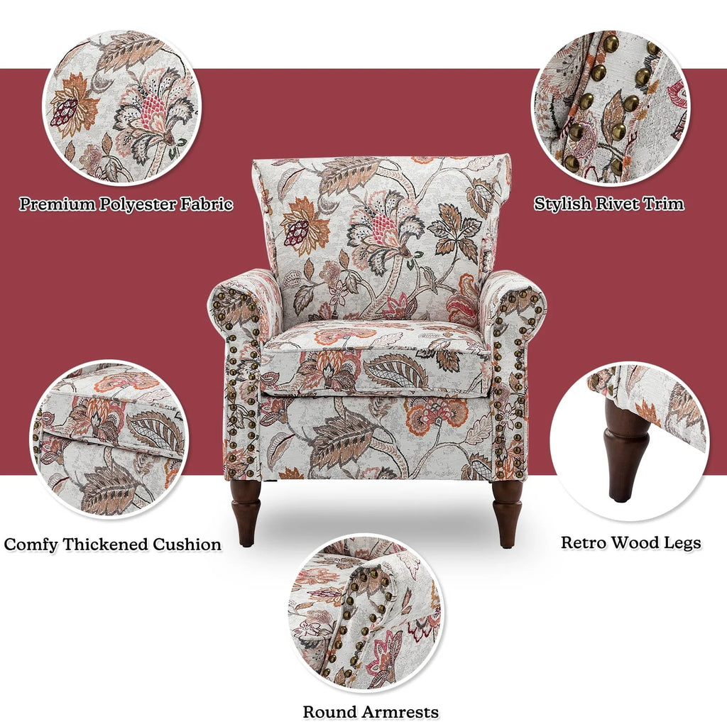 14 Karat Home Wingback Accent Chair Removable Cushion Floral Upholstered Sofa Armchair Couch Wood Legs Nailhead Trim Pink