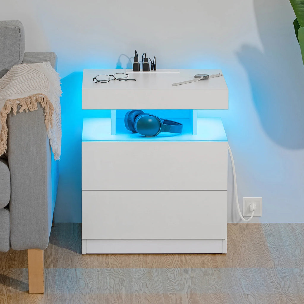 Hommpa LED Nightstand with Wireless Charging Station Modern Nightstand Type C USB Port 2 Drawers Bedside Table Black Smart Night Table High Gloss End Side Table for Bedroom Furniture 22.3" Tall
