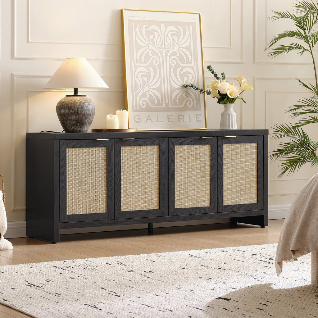 SICOTAS 61.5"W Rattan TV Stand with 4 Doors, Boho Entertainment Center with Adjustable Shelves & Spacious Countertop �C Large Boho Farmhouse Media Console for Living Room, Reclaimed Caramel Oak