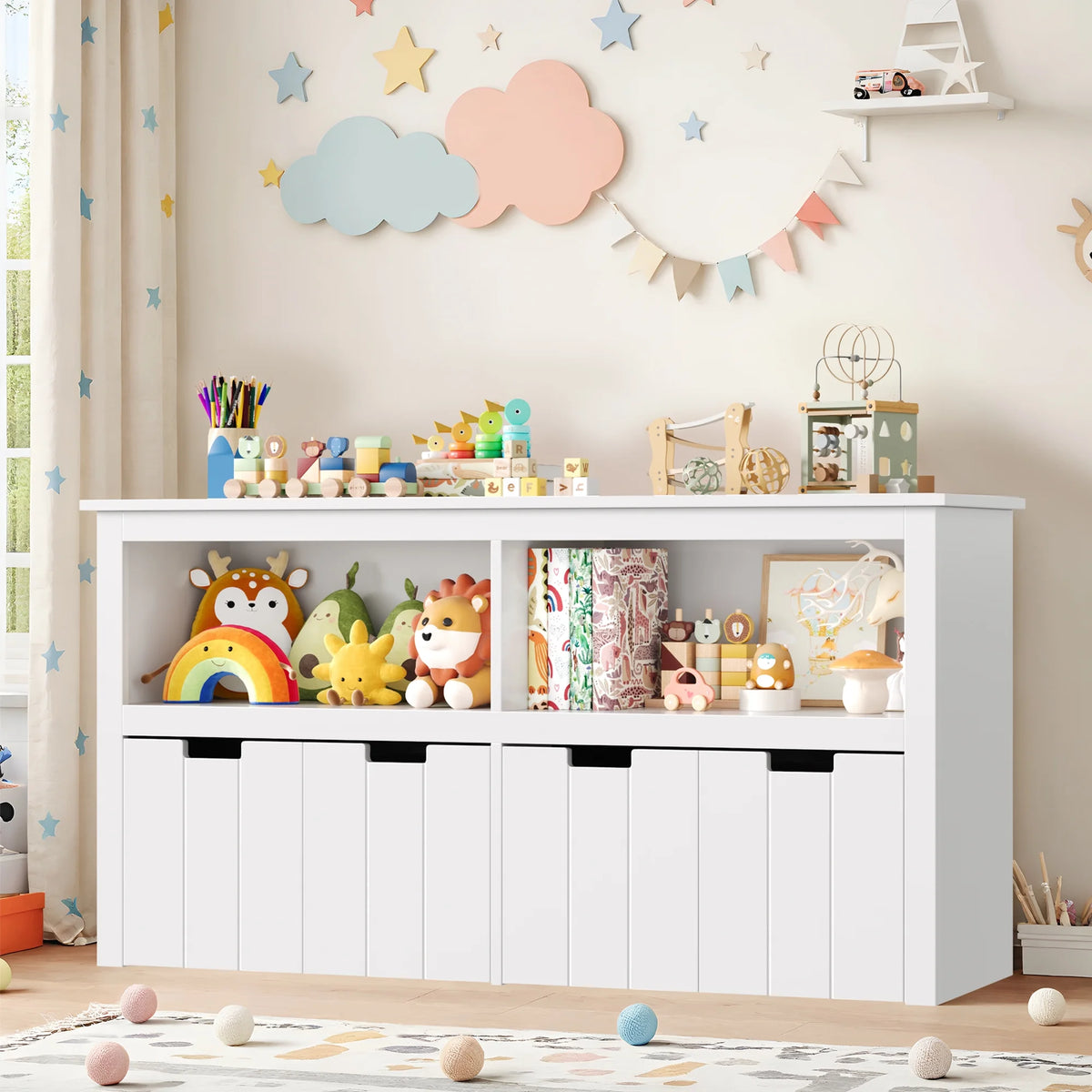 Homfa Kids Toy Storage with 4 Drawers, Cubes Storage Bin with Shelves and Wheels for Kids Living Room, White