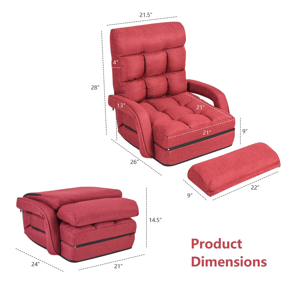 Costway Folding Floor Armchair w/ 6-position Adjustable Back & Lumbar Pillow Red