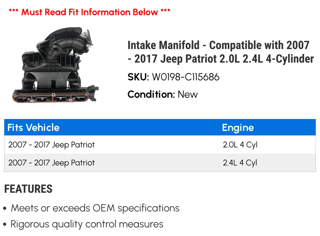 Intake Manifold - Compatible with 2007 - 2017 Jeep Patriot 2.0L 2.4L 4-Cylinder 2008 2009 2010 2011 2012 2013 2014 2015 2016