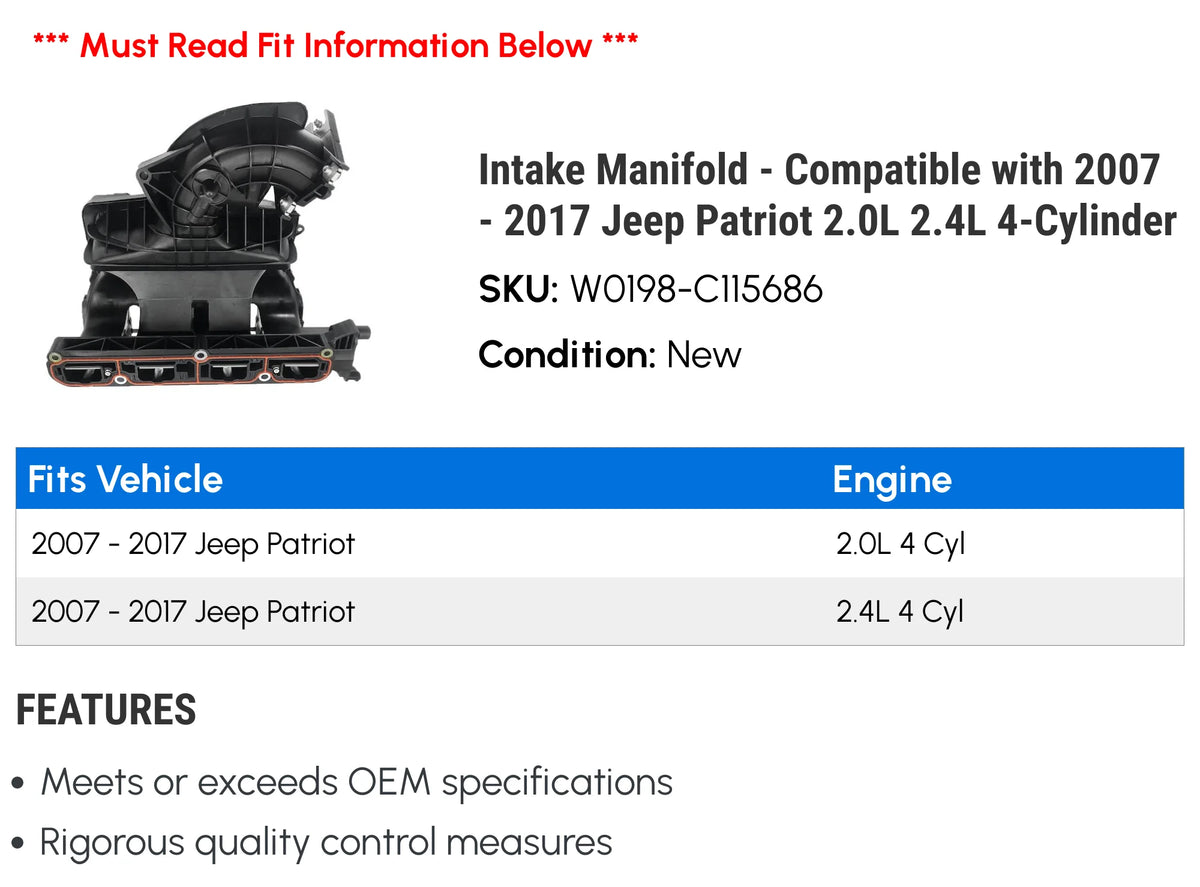 Intake Manifold - Compatible with 2007 - 2017 Jeep Patriot 2.0L 2.4L 4-Cylinder 2008 2009 2010 2011 2012 2013 2014 2015 2016