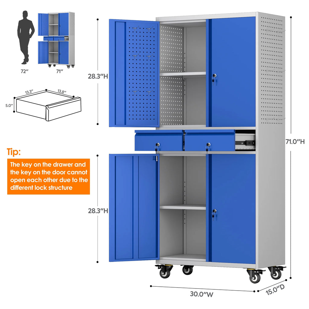 SUPEER 71" Metal Storage Cabinets with Wheels and Pegboards, Industrial Cabinet with 2 Drawers and 2 Adjustable Shelves,, Assembly Required