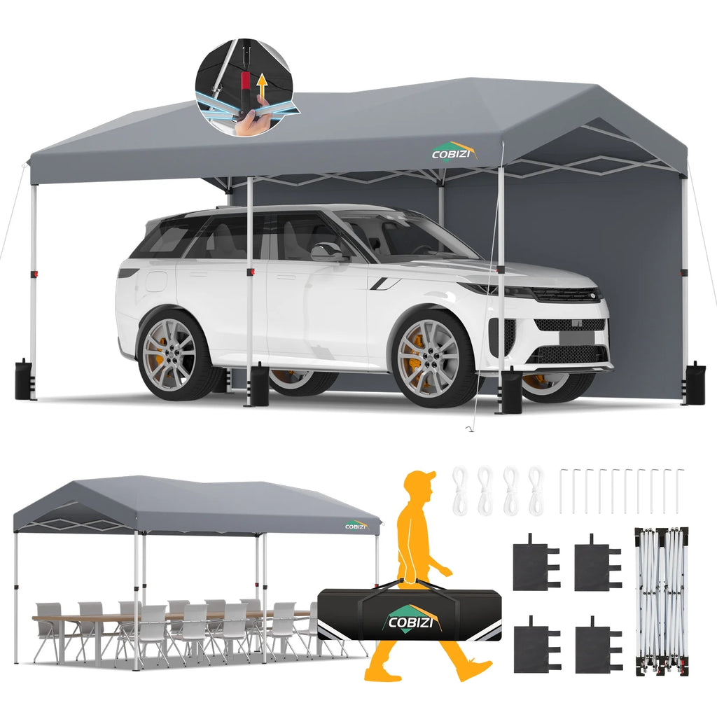 Hoteel Carport Canopy 10x20 Pop Up Shelter with Instant 1-Button Push Center Lock, UV Resistant All-Weather Cover with 2 Sidewalls, Heavy Duty Waterproof Canopy Tent for Cars, Trucks, Boats, White
