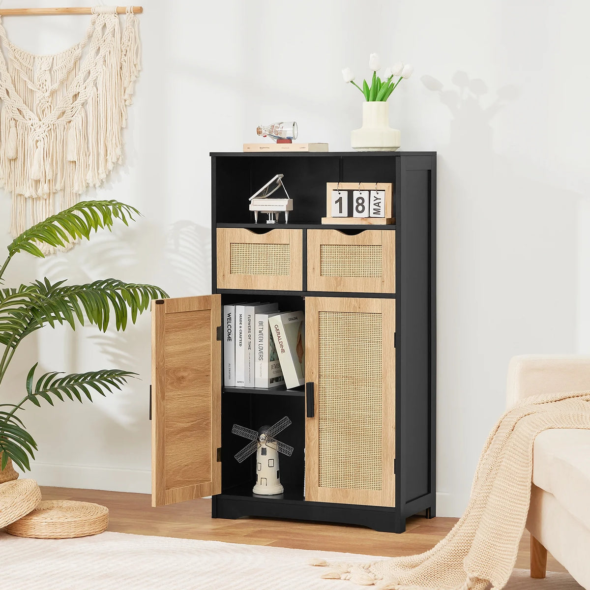 FANGSUM Rattan Storage Cabinet with 2 Drawers & 2 Shelves, Floor Cabinet for Living Room