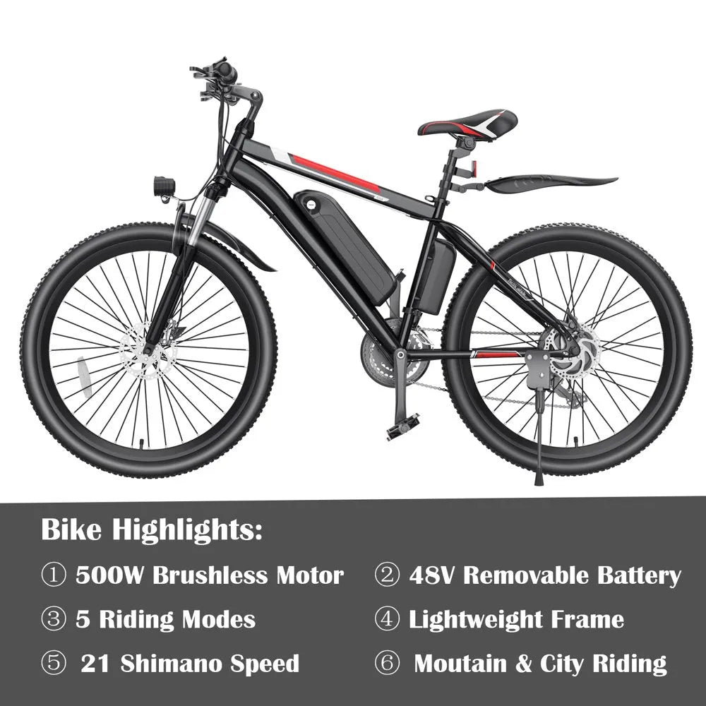 500W Electric Bike 26" Electric Bicycle for Adults with Cruise Control System Ebike