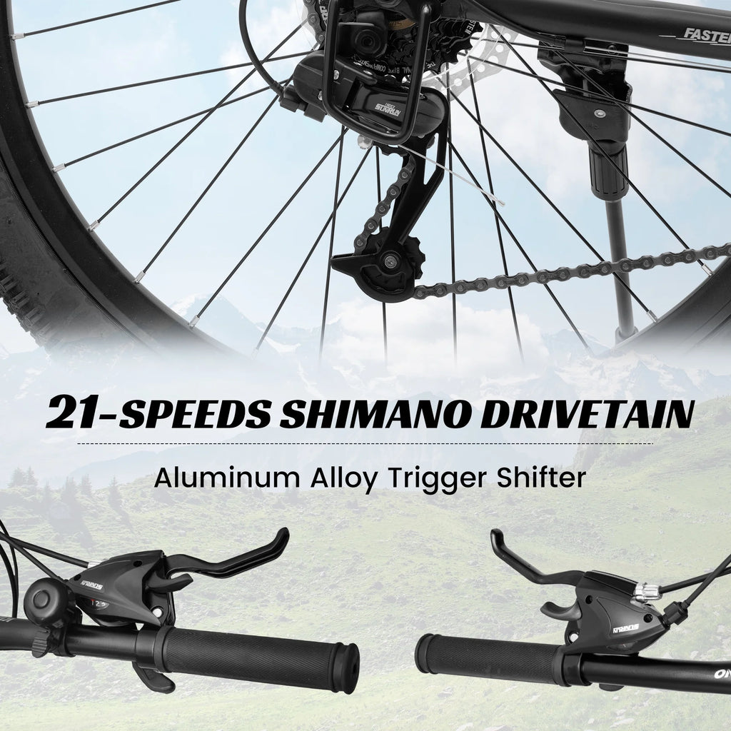 26 Inch Mountain Bike Dual Full Suspension, Shimano 21-Speed Mountain Bicycle with Dual Disc Brakes and Carbon Steel Frame, Trail Beach Snow Commuter City Bike for Adult Men Women, Black