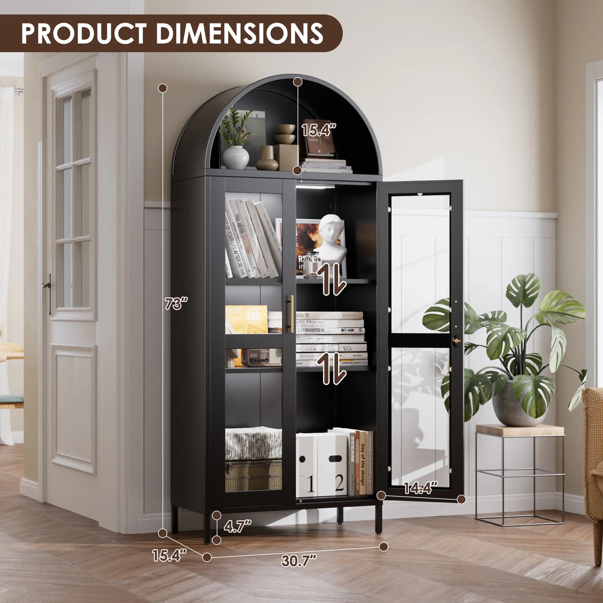 SUPEER Metal Arched Storage Display Cabinet with Glass Doors and Adjustable Shelves, Lockable Cabinet, Assembly Required, Black