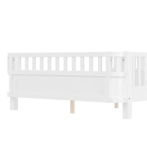 Bellemave Full Size Bed Frame, Full Montessori Bed with Safety Guardrails and Detachable Fence, Wood Full Daybed Frame, Low Profile & Rounded Corners Design, Natural