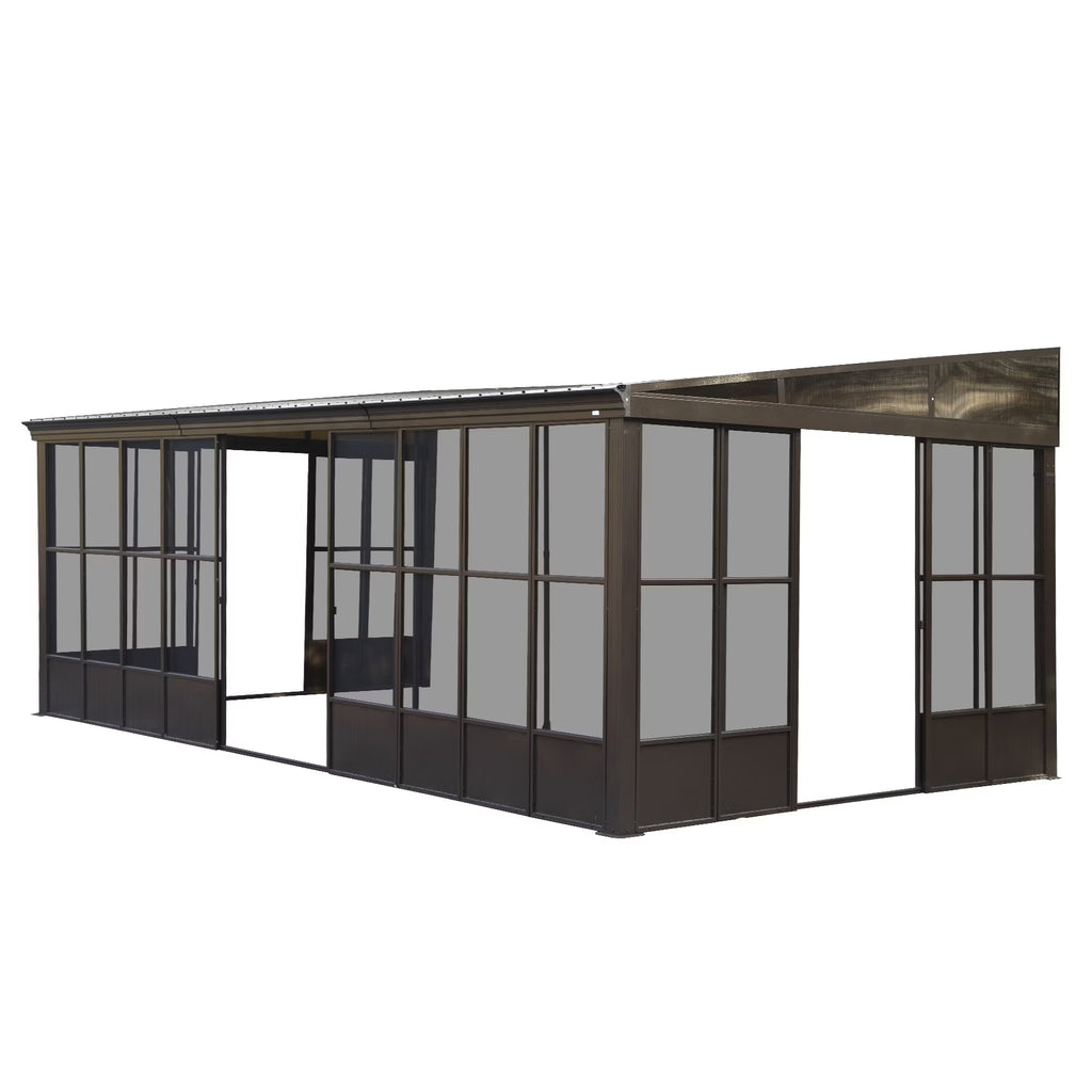 TOTAL Outdoor 10'x12' All-Season Sunroom Gazebo with Steel Roof, PVC Screen, Front & Side Door, Brown