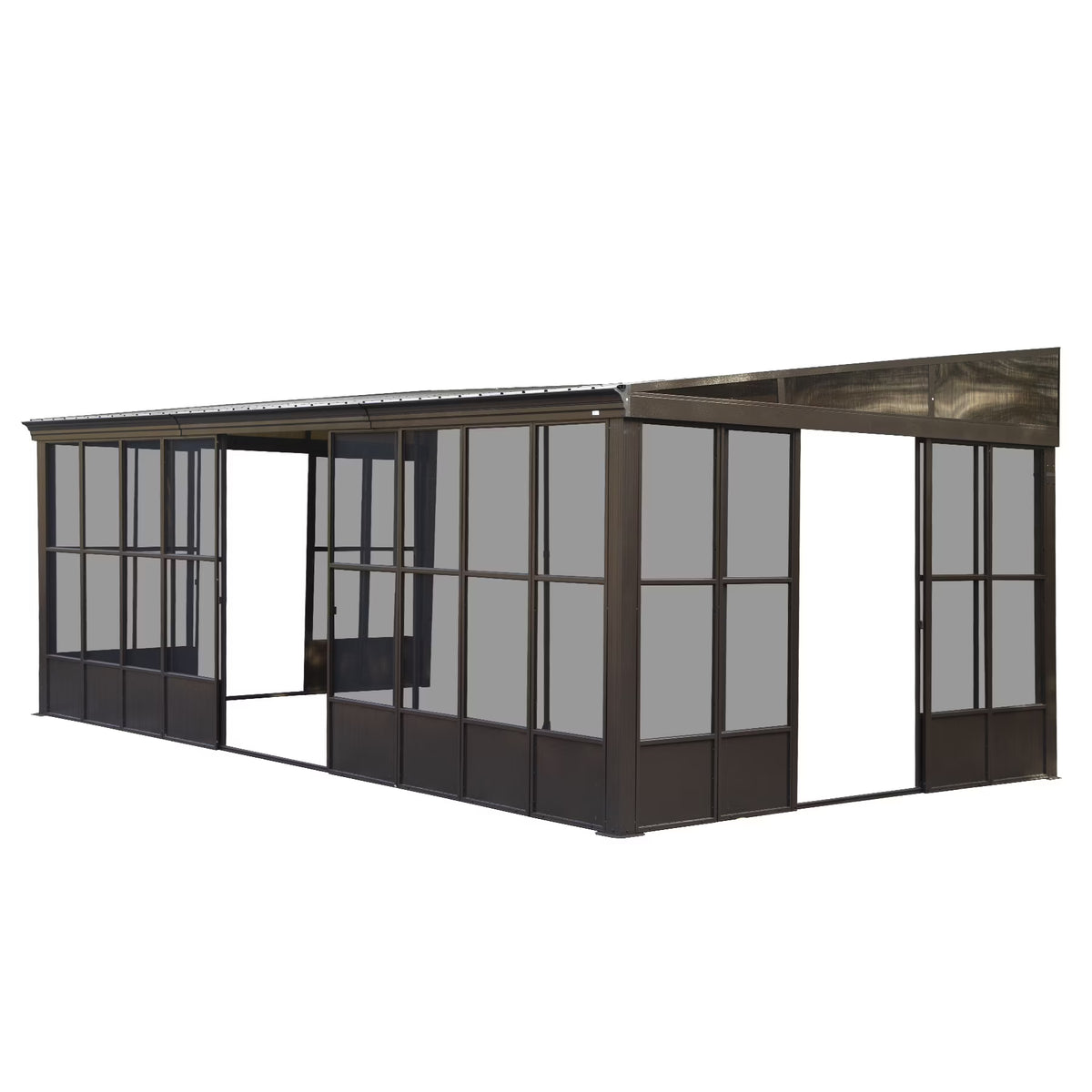 TOTAL Outdoor 10'x12' All-Season Sunroom Gazebo with Steel Roof, PVC Screen, Front & Side Door, Brown