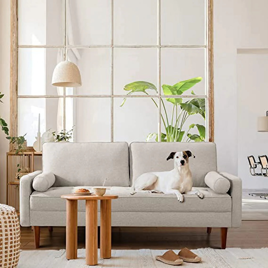 Light gray Small Couches, 68 inch Fabric Loveseat Sofa, 2 Seater Couch for Small Space, Button Tufted Seat Cushion, Square Armrest, 2 Throw Pillows, Modern Sofa for Bedroon, Living Room, Apartment