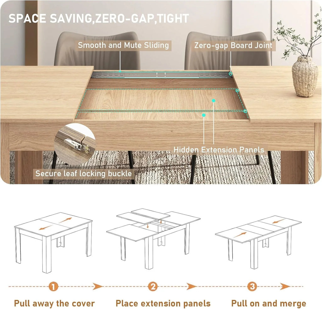 ChVans Large Mobile Extendable Dining Table for 6-8, Modern Wood Kitchen Table Rectangular Table for Dining Room, Living Room
