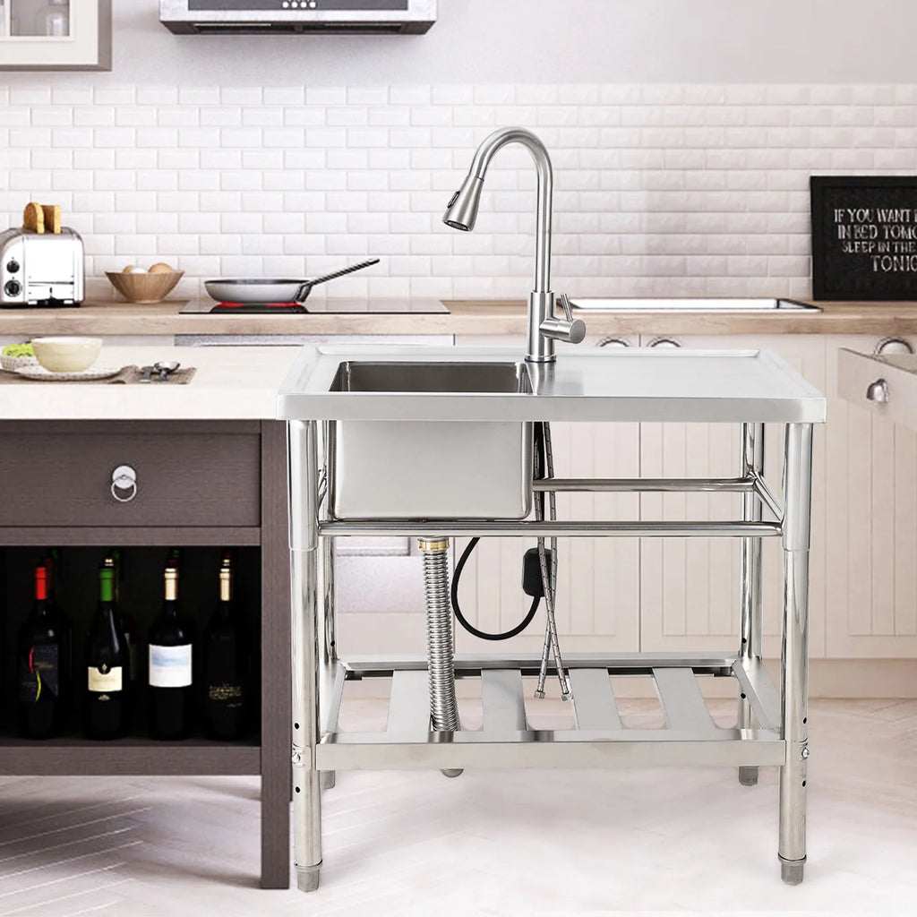WPOND 30" Freestanding Utility Sink with Hot and Cold Faucet, Stainless Steel Sink with Workbench, Commercial Kitchen Single Bowl Sink for Garage, Restaurant, Kitchen, Laundry, NSF Certified