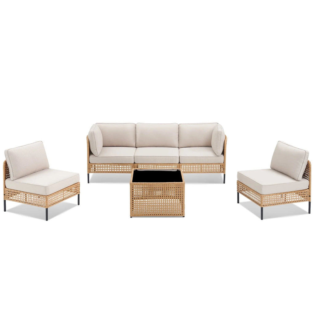 Swpormundo 6 Piece Wicker Patio Furniture Set,Outdoor Conversation Sectional Sofa w/Coffee Table,All-Weather Outdoor Sofa with Thick Cushions for Deck,Poolside,Garden,Beige