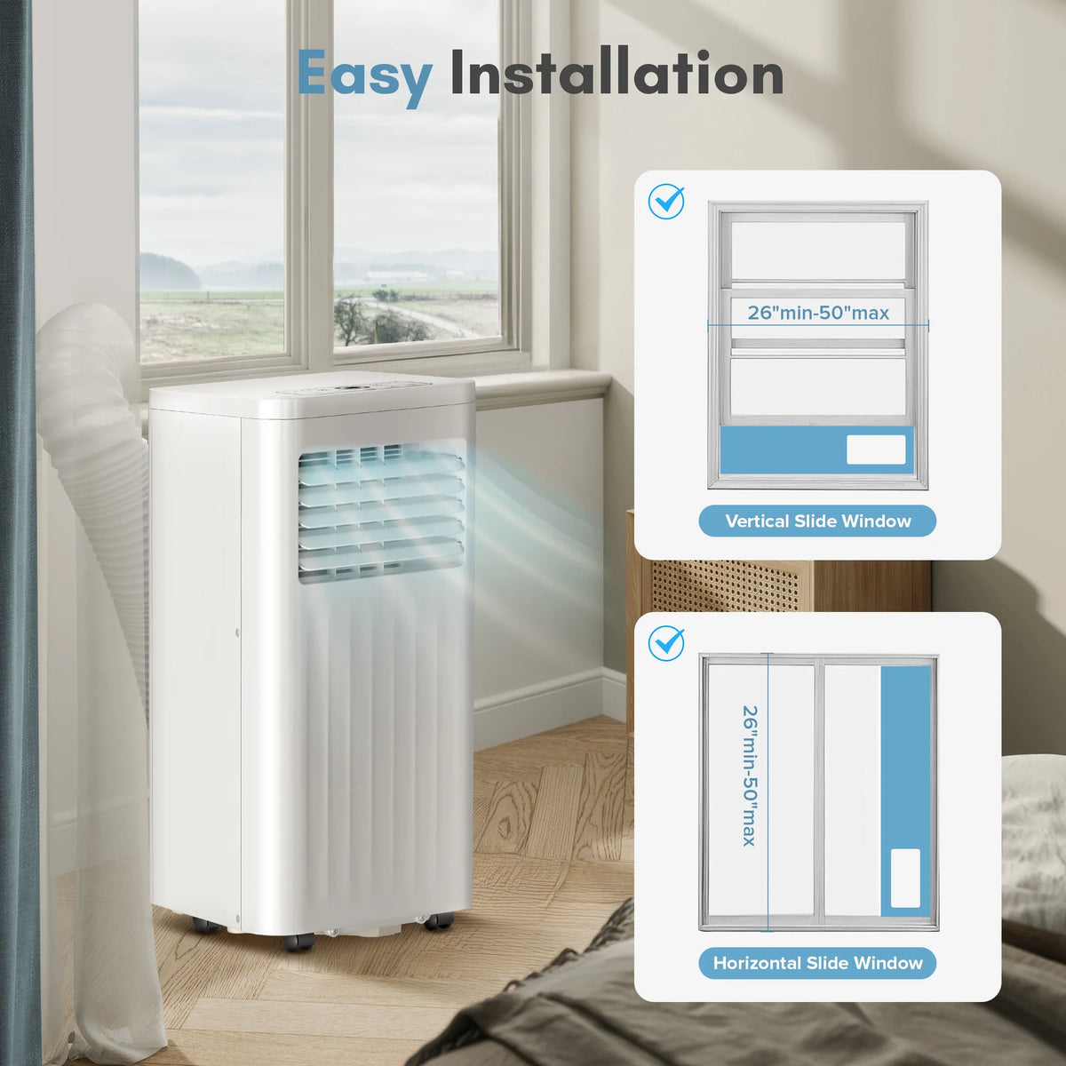 KISSAIR Portable Air Conditioner 8000 BTU Ashrae, 3-in-1 Portable AC, Dehumidifier & Fan with 24-Hour Timer/Remote Control/Windows Kit (White)