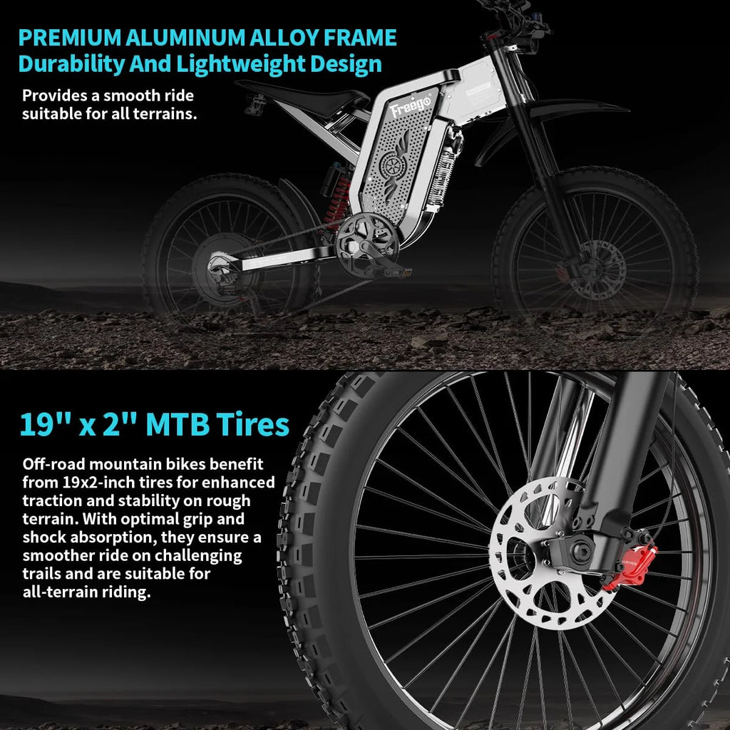 50MPH Electric Dirt Bicycle Freego X2 Pro,6000W(Peak)Motor Electric Motorcycle, Electric Bike for Adults, 60V30AH Battery, 19x2 Tire Full Suspension Hydraulic Brake Half Throttle UL2849