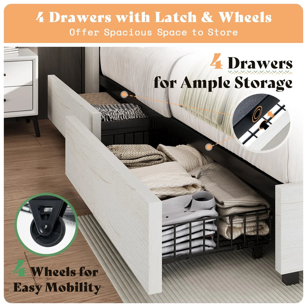 PLAUIN King Size Bed Frame with Storage Drawers, 47.2" Headboard and Wooden Platform, Grey