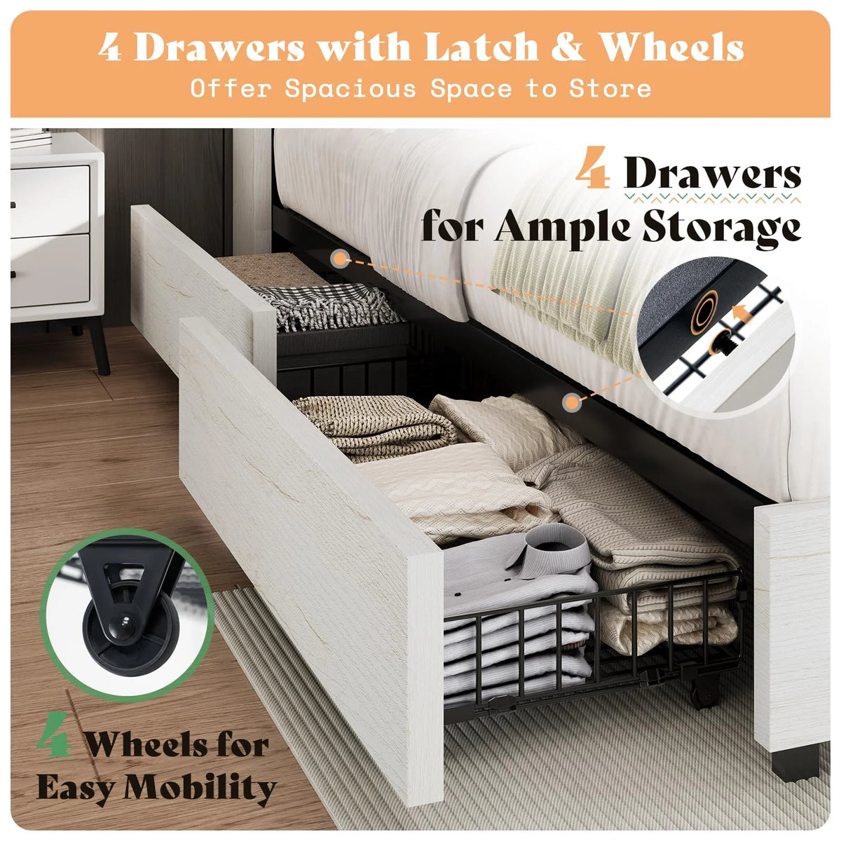 PLAUIN King Size Bed Frame with Storage Drawers, 47.2" Headboard and Wooden Platform, Grey