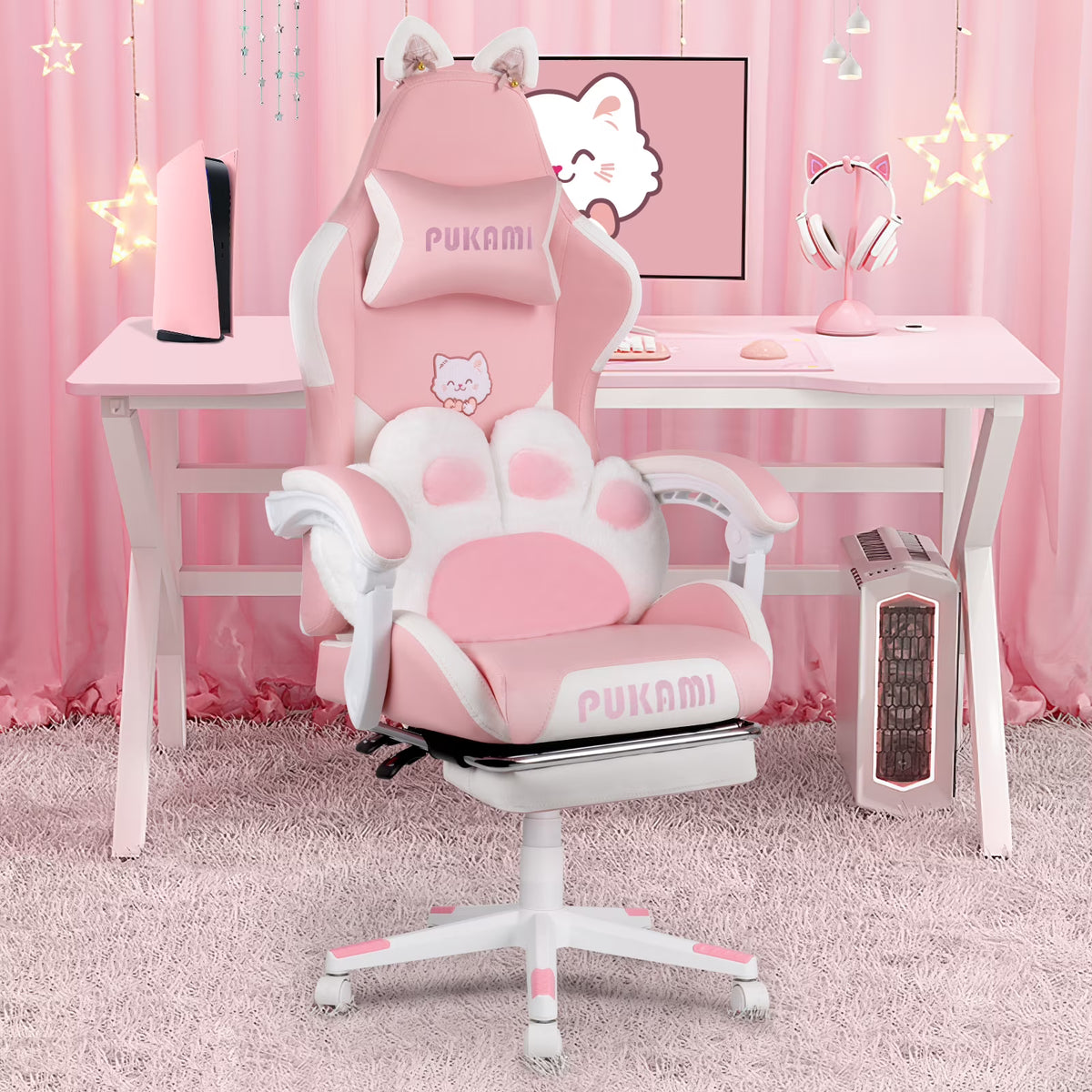 Waleaf Pink Gaming Chair with Cat Paw Lumbar Cushion and Cat Ears for Girls, Reclining Office Computer Chair with Footrest for Adults, Teens
