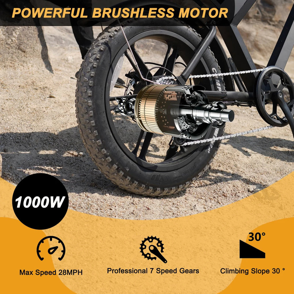 Movcan V30 Electric Bike for Adult, 1000W 20" Fat Tire 48V 15.6AH Removable Battery, 28MPH 7-Speed Disc Brake Off-Road Mountain Ebike UL2849