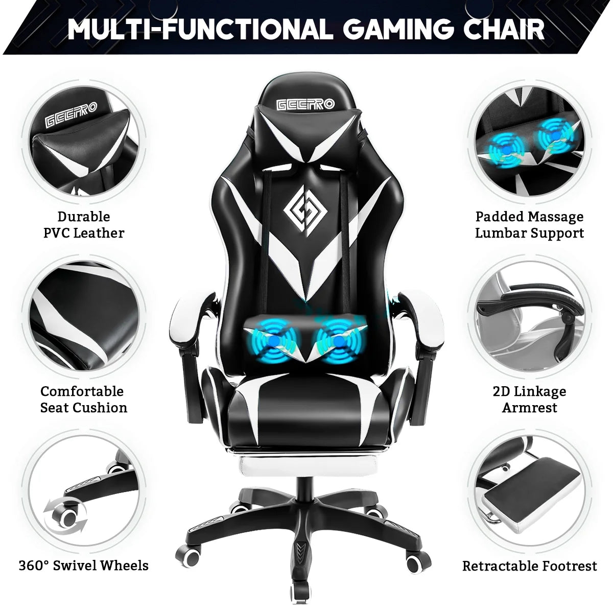 Gaming Chair with Massage Gamer Chair with 2D Armrests for Kids