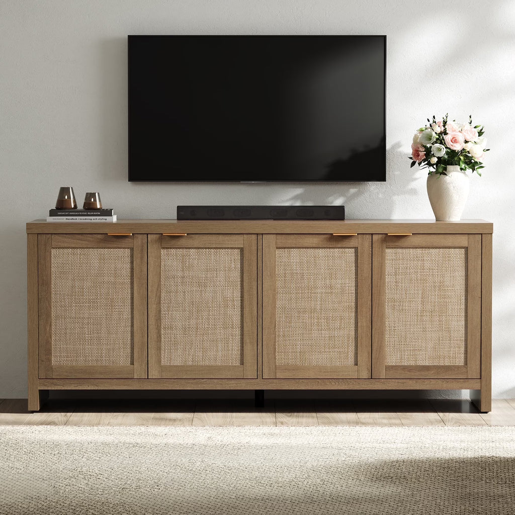 SICOTAS 61.5"W Rattan TV Stand with 4 Doors, Boho Entertainment Center with Adjustable Shelves & Spacious Countertop �C Large Boho Farmhouse Media Console for Living Room, Reclaimed Caramel Oak