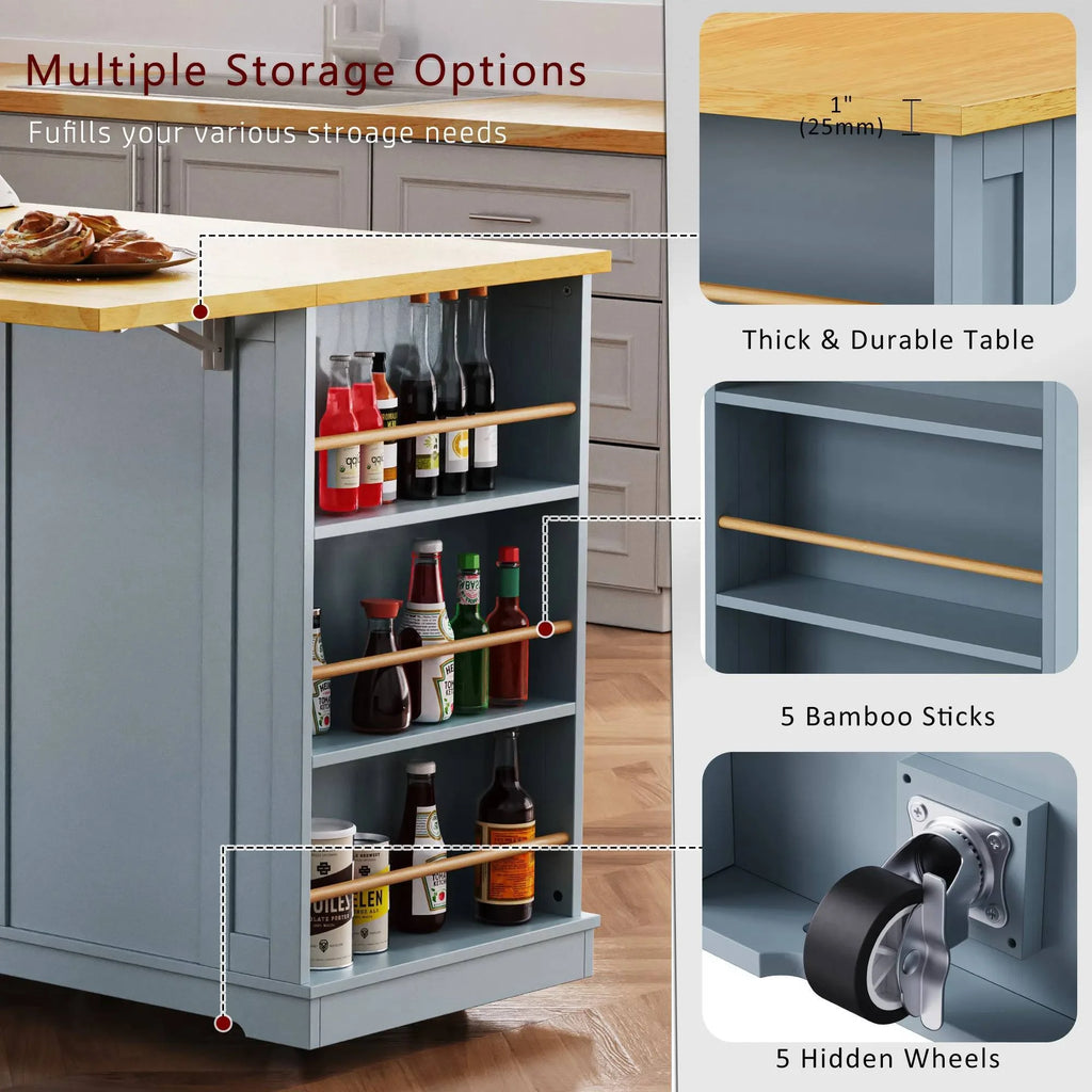 EUROCO 53" Large Kitchen Island with Drop Leaf,Kitchen Island Cart on 5 Wheels with Power Outlet,Door Internal Storage Rack and 5 Open Side Racks,Rolling Kitchen Table for Dining Room,Grey Blue