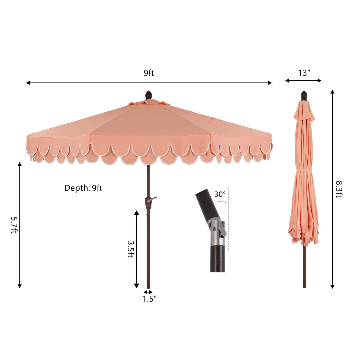 JONATHAN Y Tracy 9 ft. Market Patio Umbrella, Classic Mid-Century Scalloped Fringe, with Auto-Tilt Crank, Wind Vent and UV Protection, Coral Pink/White, Dark Brown Pole
