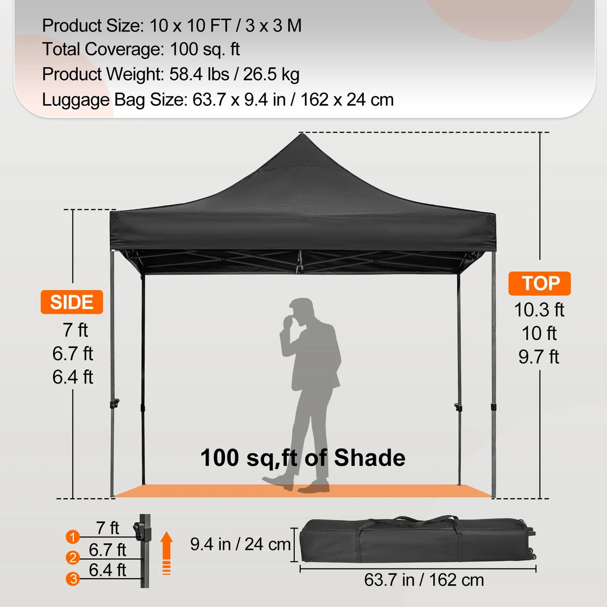 BENTISM 10' x 10' Instant Pop Up Gazebo Tent, Adjustable Height with UV Resistant