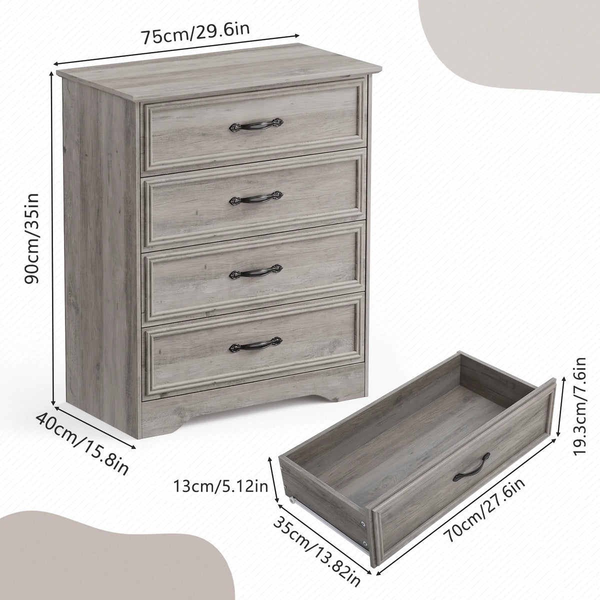 LGHM 4 Drawer Dresser, Modern Wood Chest Dresser for Bedroom Livingroom Gray