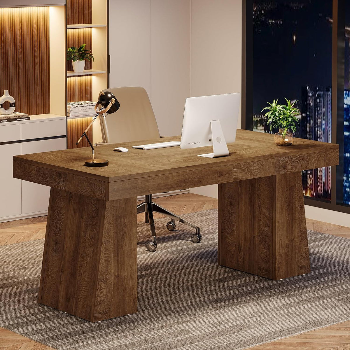 Tribesigns 55 Inches Executive Desk, Mid-Century Modern Home Office Desk with Double Trapezoid Base