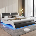 Queen Size Bed Frame with LED Lights,Modern Platform Bed Frame with Upholstered Headboard,Faux Leather Wave Like Low Profile Bed Frame,No Box Spring Needed,Black