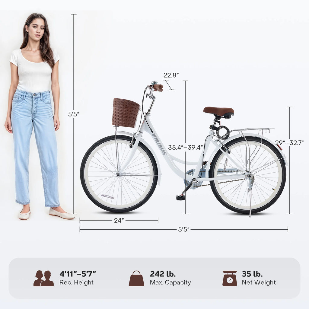 Viribus Women's Comfort Bike 24 inch Beach & City Cruiser Bicycle with Basket Rack White