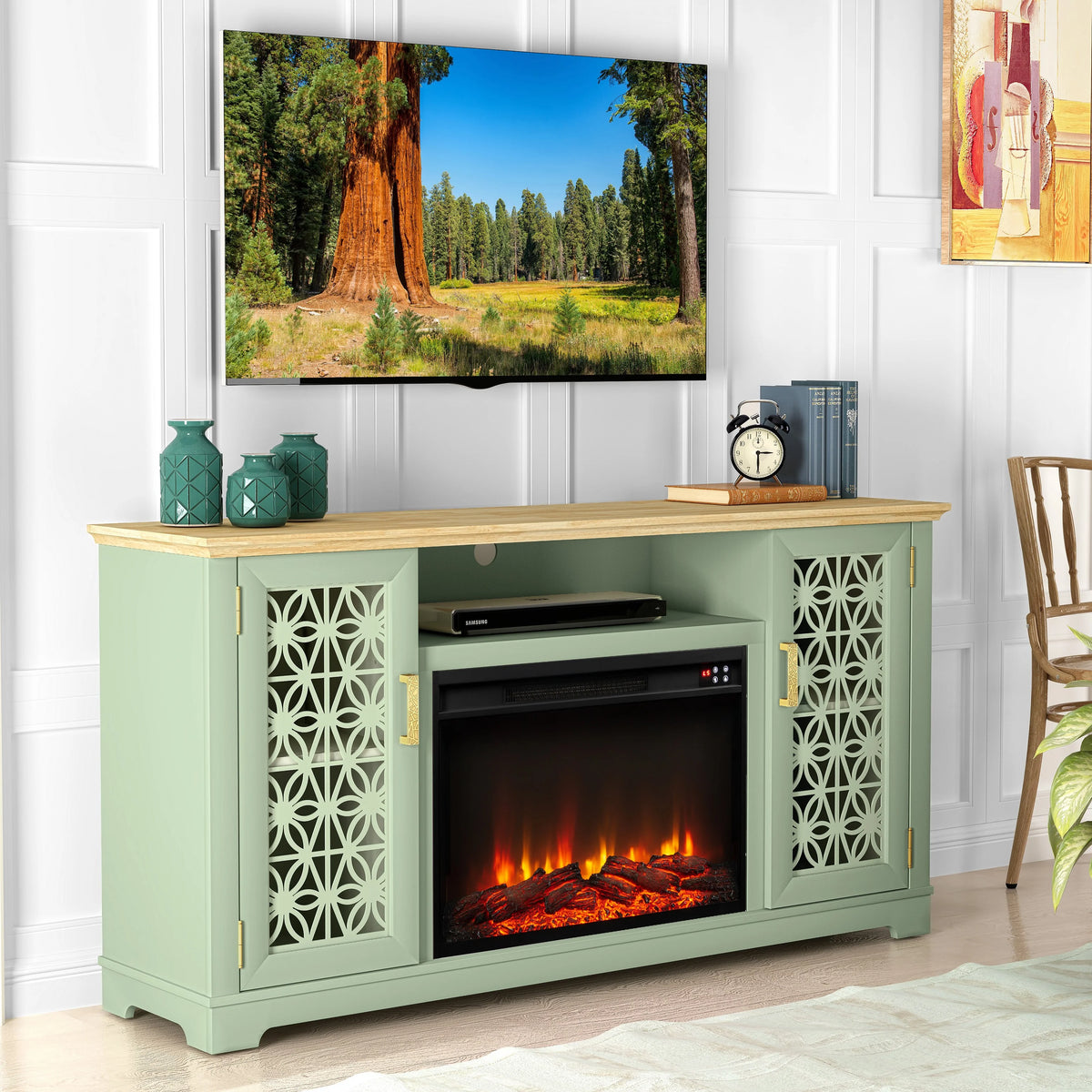FESTIVO Farmhouse TV Stand with Electric Fireplace for up to 65" TVs -Grey