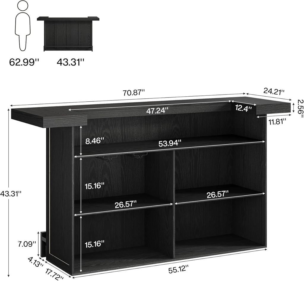 4-Tier Bar Table, 70.9-Inch Large Modern Home Bar Cabinet with Wine Glass Holder and Black Footrest