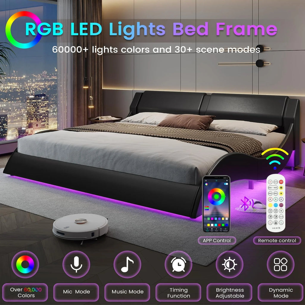 Queen Size Bed Frame with LED Lights,Modern Platform Bed Frame with Upholstered Headboard,Faux Leather Wave Like Low Profile Bed Frame,No Box Spring Needed,Black