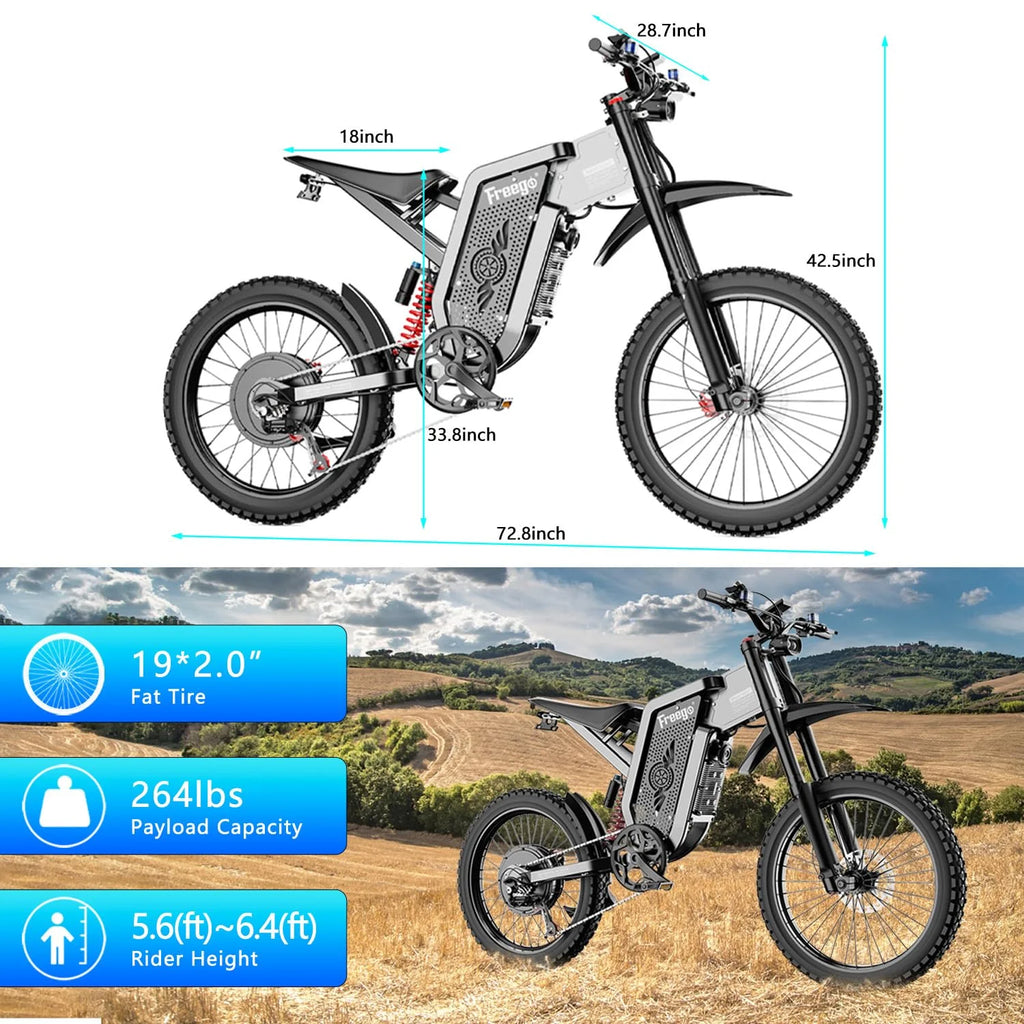 50MPH Electric Dirt Bicycle Freego X2 Pro,6000W(Peak)Motor Electric Motorcycle, Electric Bike for Adults, 60V30AH Battery, 19x2 Tire Full Suspension Hydraulic Brake Half Throttle UL2849