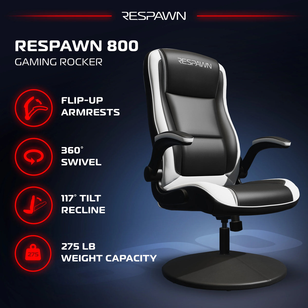 RESPAWN 800 Swivel Rocker Gaming Chair - Ergonomic Floor Gaming Seat with Lumbar Support, Flip Up Armrest, High Back, Pedestal Base, Comfortable No Wheels Console Video Game Rocker Chair - Red