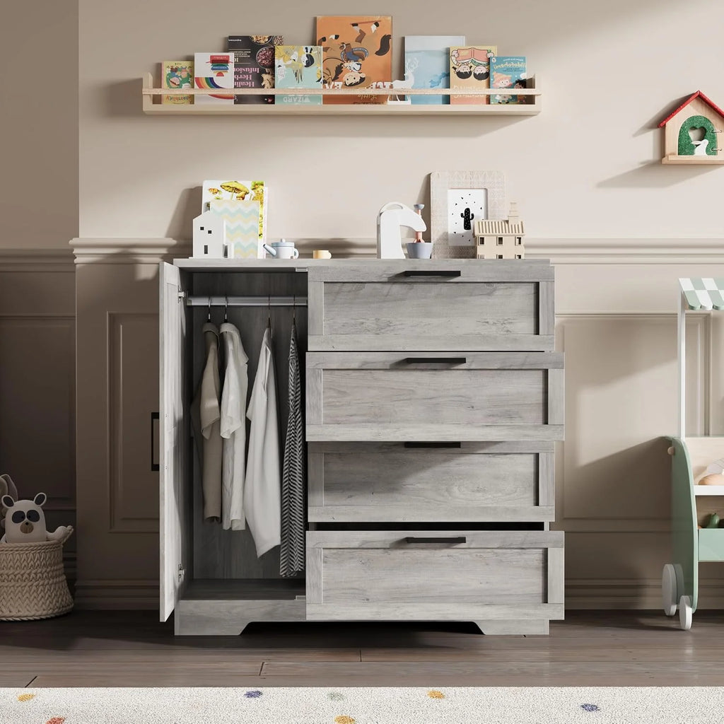 43.3" H Armoire Wardrobe Closet with 4 Drawers & Hanging Rod, Multifunctional Wood Storage Cabinet for Bedroom, Natural Oak