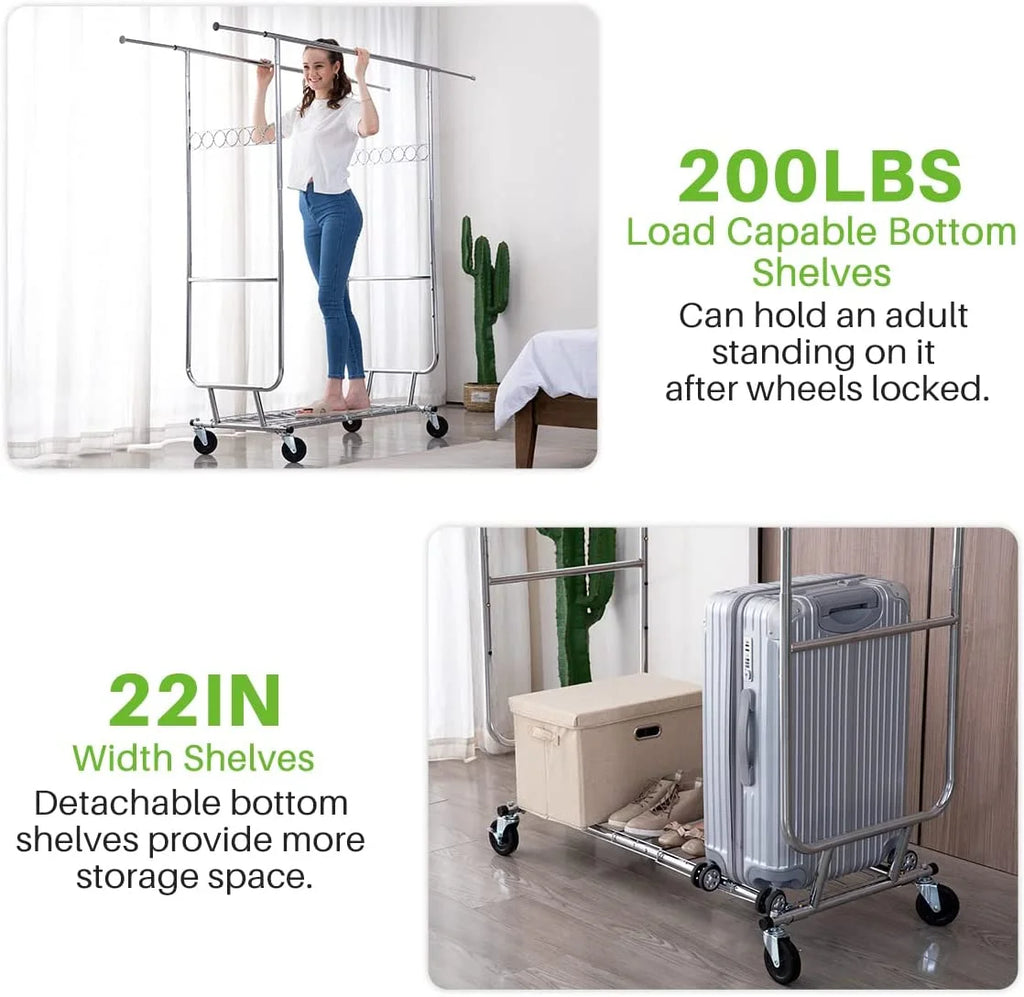 HOKEEPER 700 lbs Commercial Grade Heavy Duty Garment Rack with Shelves Collapsible Clothing Racks on Wheels Rolling Clothes Rack for Hanging Clothes Portable Adjustable, Chrome Finish