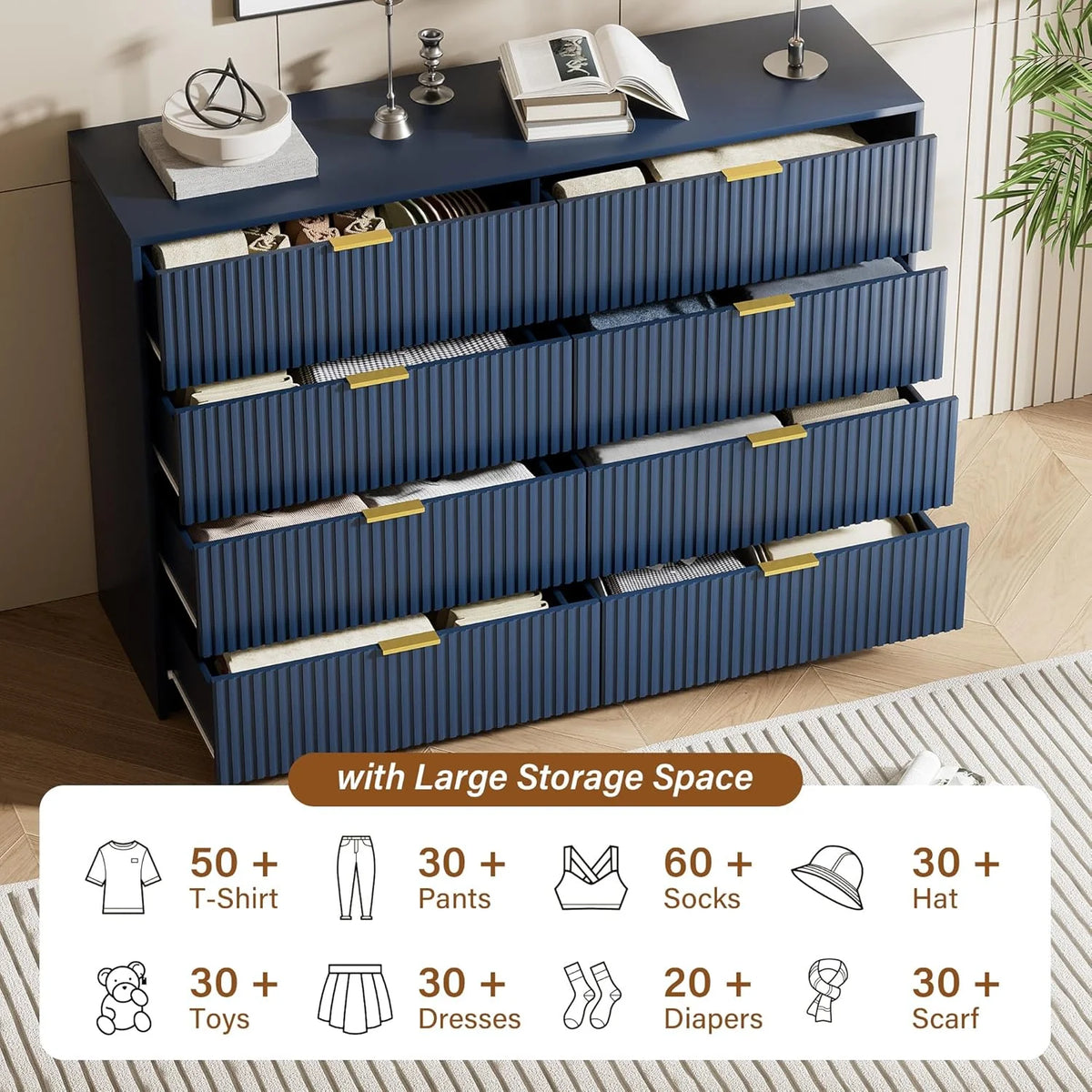 Furniway Black Dresser for Bedroom, 8 Drawer Double Dresser, Modern Chest of Drawers for Bedroom, Living Room, Entryway and Closet, 55" L x 15.7" D x 37.4" H