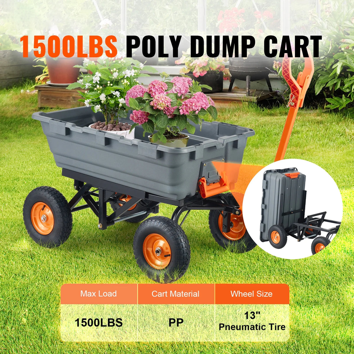 KFFKFF Garden Dump Cart, 35.8x19.5x8.2 in Dump Truck Cart, Max. 600lbs Load Capacity, 10in Rubber Tire, 180�� Adjustable Handle
