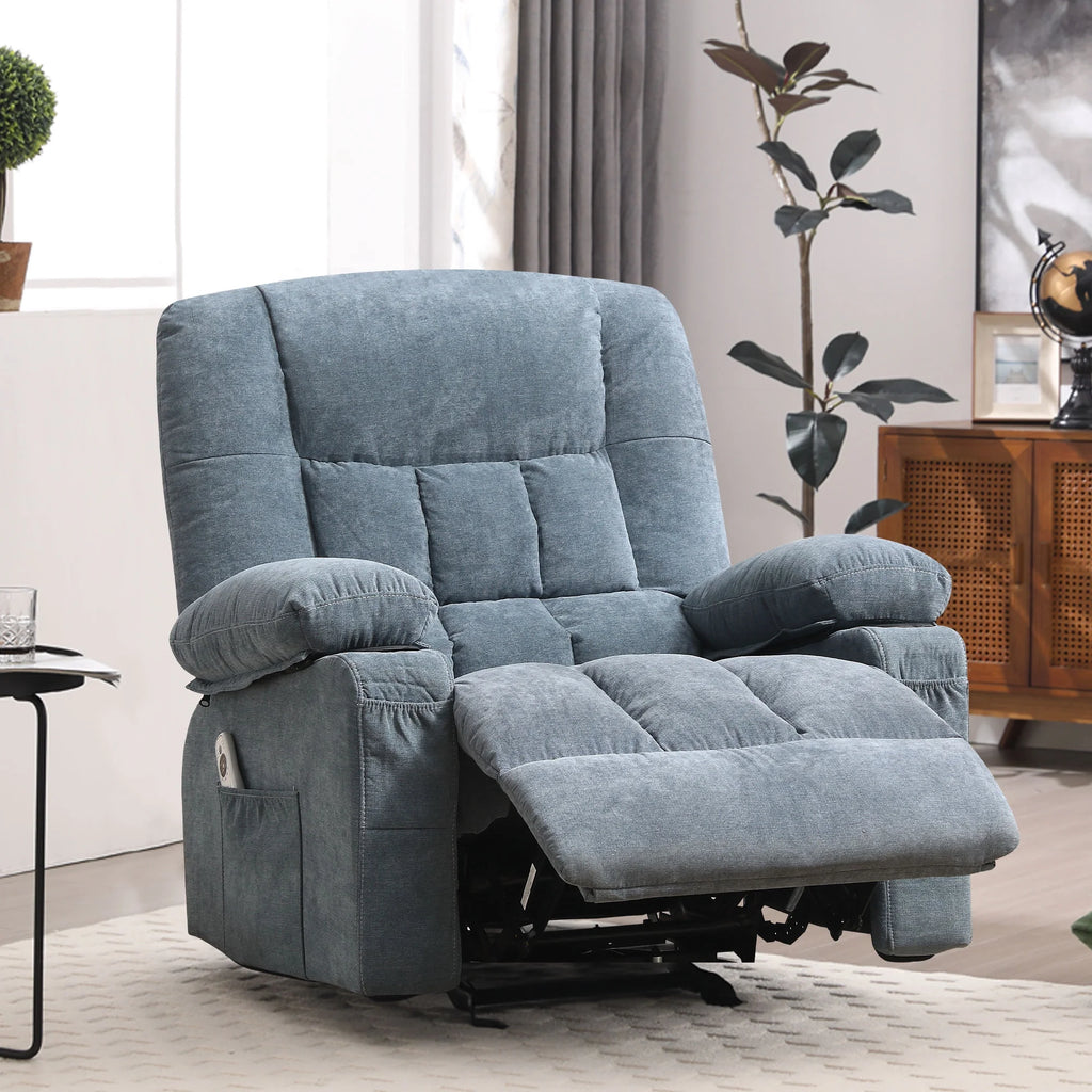 JONPONY Manual Recliner Chair with Heat Therapy and Massage Function, Heavy Duty Reclining Mechanism Massage Chair, Elderly Single Rocker Sofa with Cup Holders for Bedroom Home Theater,Blue